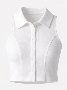 White Racer Back Polo Top Ribbed Cotton Size Medium